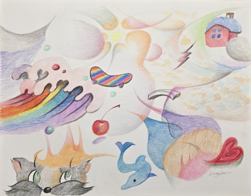 Whimsical colored pencil drawing with clouds, rainbows, small animals, fruit, and floating shapes.