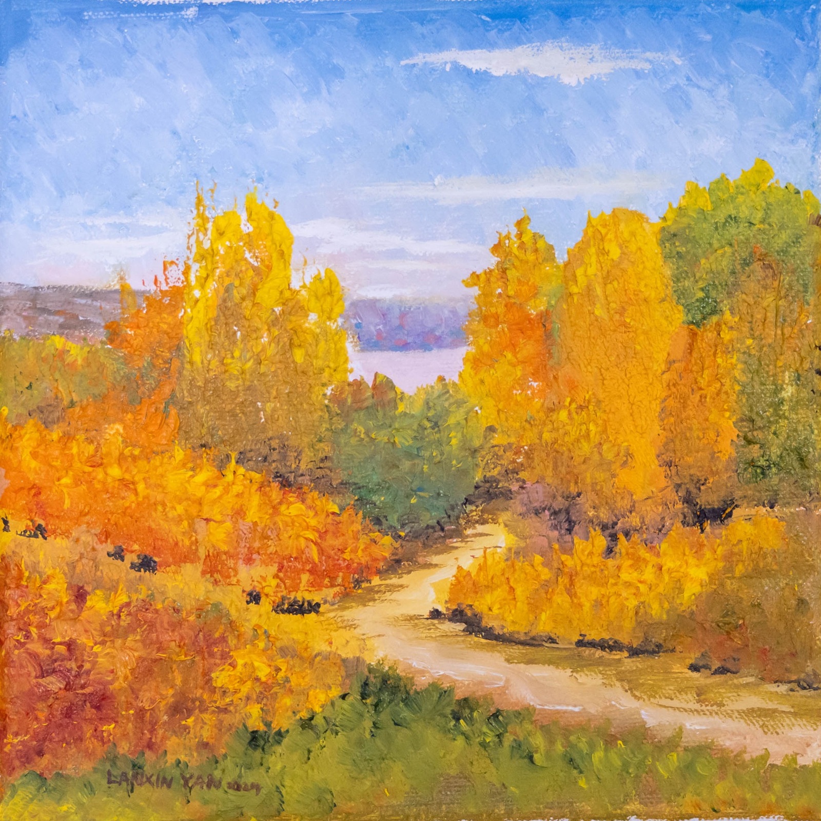 Oil painting of a pale winding path surrounded by gold, orange, red, and green autumn trees beneath a blue sky