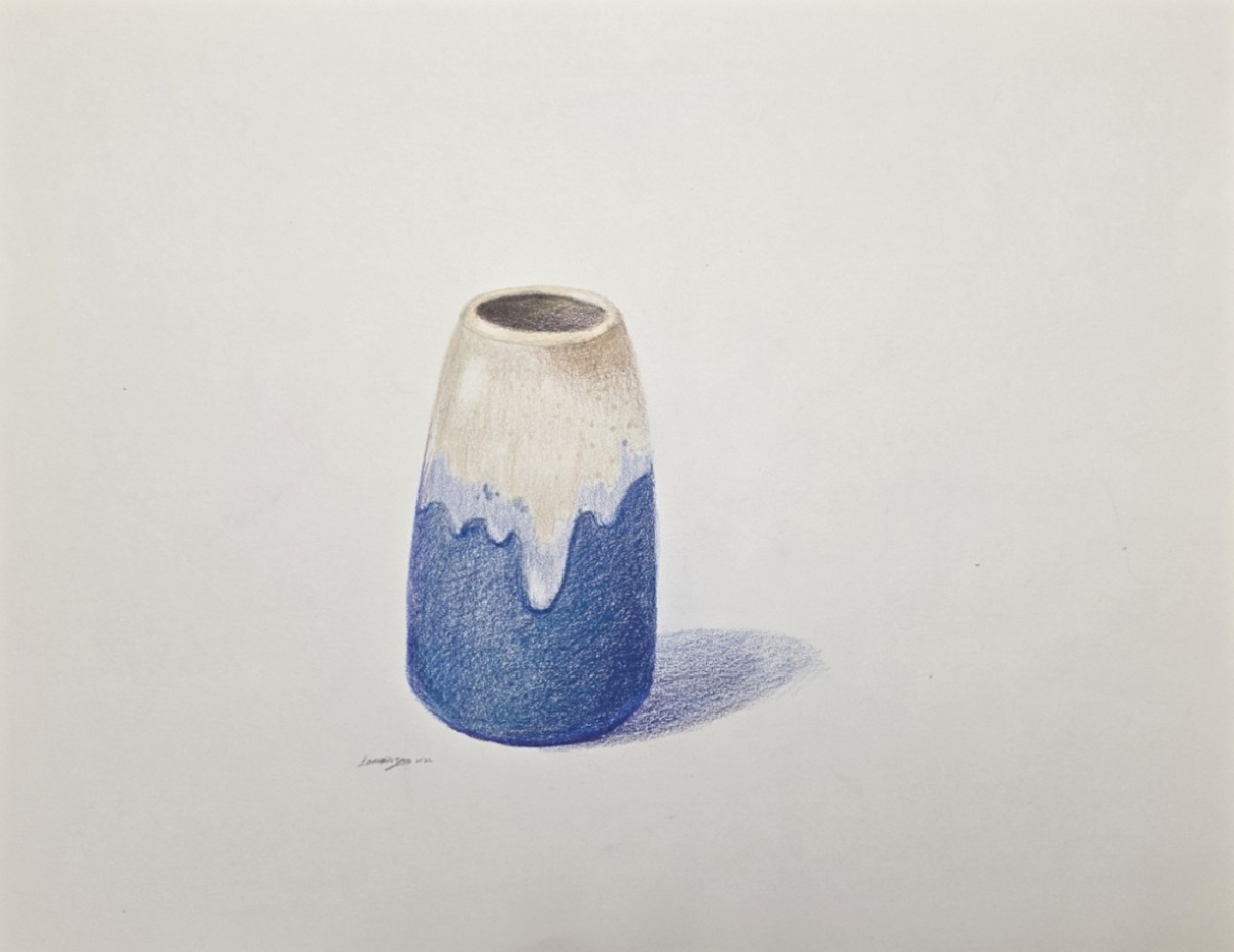 Colored pencil drawing of a small blue and white ceramic vase with a soft shadow.