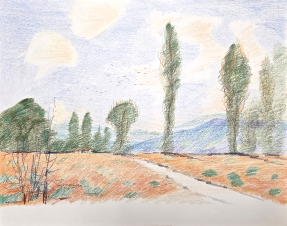 Colored pencil landscape of a pale road through fields, tall trees, a moon, and distant blue hills.