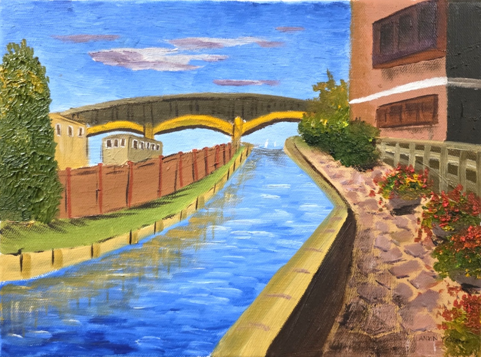 Oil painting of a stream running under a viaduct between buildings.